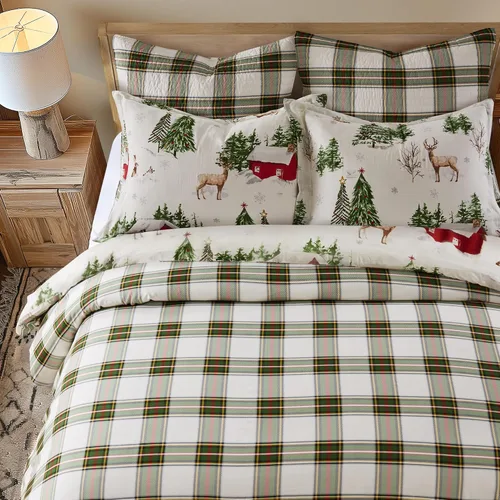 Miniatura 3 de Levtex Home - Juego de edredón Tatum Pines - Edredón tamaño King + dos fundas de almohada tamaño King - Cabaña navideña - Rojo, verde, marrón