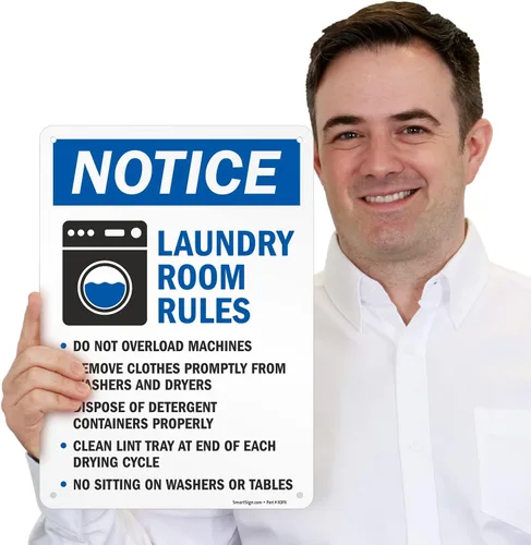Miniatura 4 de SmartSign Aviso sobre las reglas de lavandería - No sobrecarga, quitar la ropa, desechar detergente, limpiar pelusa, no sentarse, letrero de metal