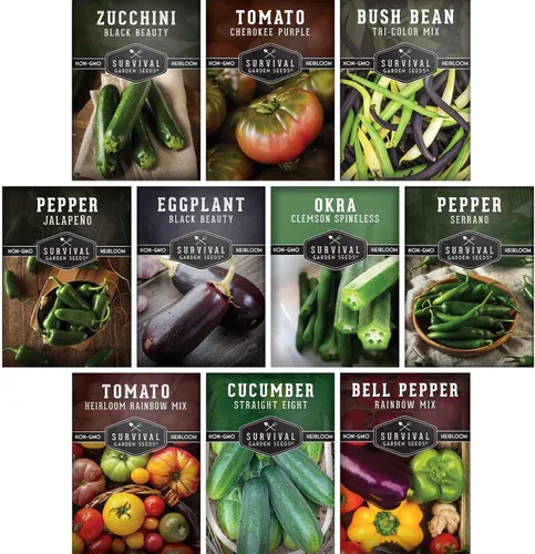 Semillas de jardín de verduras de verano, paquete variado de 10 heirloom sin OMG para plantar, colección de jardinería de clima cálido para verduras
