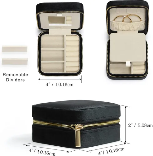 Miniatura 2 de BLUTETE Joyero de viaje organizador de terciopelo con anillos de espejo, aretes, collares, caja organizadora de almacenamiento (negro)