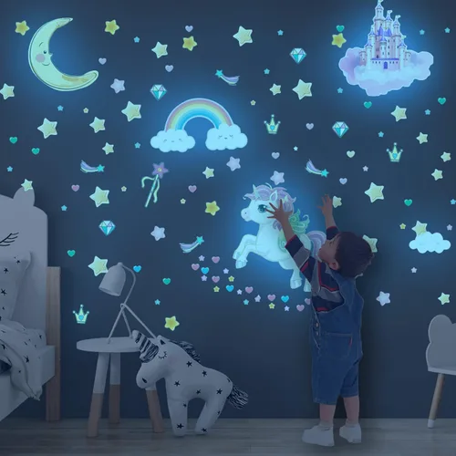 Miniatura 12 de Adhesivos de unicornio que brillan en la oscuridad, calcomanías de puntos y estrellas removibles para techo, adhesivo de arcoíris luminoso para Arco