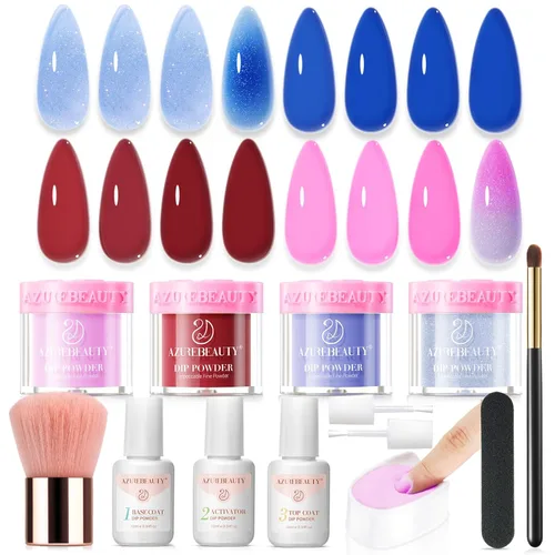 Miniatura 12 de AZUREBEAUTY Kit de iniciación de uñas en polvo de inmersión, 4 colores con purpurina rosa suave, arte de uñas francés, con capa base, capa superior