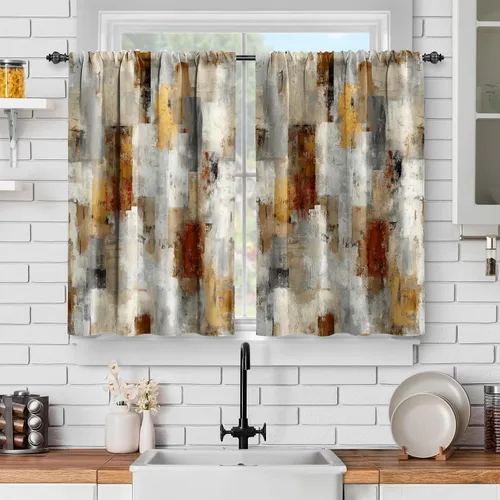 Jekeno Juego de 2 paneles de cortinas de cocina con pintura al óleo abstracta, con textura geométrica moderna, para cafetería, color dorado, marrón
