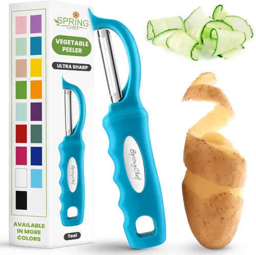 Miniatura 37 de Spring Chef Pelador de verduras giratorio profesional rojo para cocina, peladores de papas de acero inoxidable con mango de agarre suave, perfecto