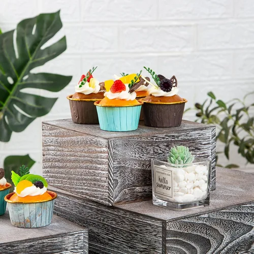 Miniatura 7 de Soportes cuadrados de madera vintage para tartas de madera, juego de 4 soportes de madera para cupcakes, cajas de madera rústica de 12 pulgadas