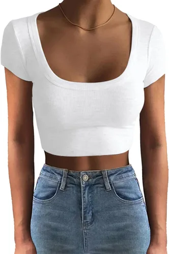 MISSACTIVER Camiseta corta sexy de punto acanalado con cuello cuadrado para mujer, de manga corta, casual, color liso, básica, ajustada, recortada