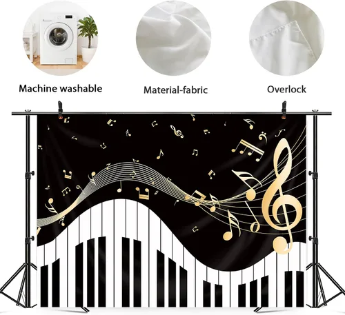 Miniatura 6 de Newsely Fondo de Tema de Piano 7 pies de ancho x 5 pies de alto Fotografía Notas Musicales Doradas y Teclado de Piano Fondo Elegante Moderno de Moda