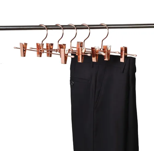 Miniatura 3 de Percha para pantalones de metal dorado y cobre brillante, percha para falda y pantalones de oro rosa, colgador que ahorra espacio con clips