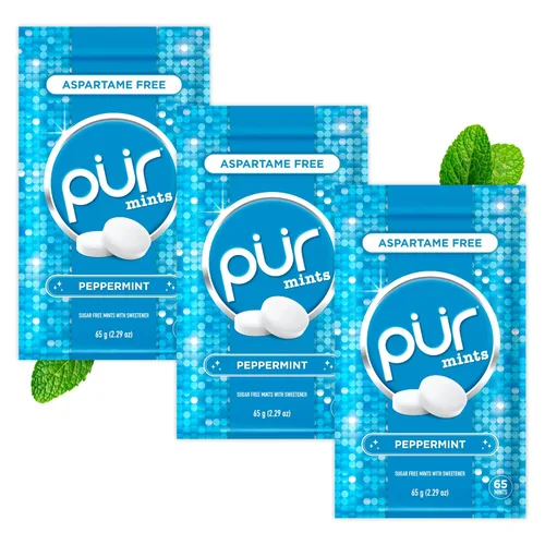 PUR Mentas | Mentas para aliento fresco sin aspartame | Elaboradas con xilitol | Sin azúcar, veganas, sin gluten | Sabor natural a menta piperita |