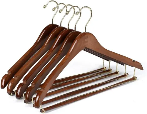 10 Perchas de Madera Curvadas Quality Hangers Hermosas y Resistentes para Trajes y Abrigos con Barra de Bloqueo Ganchos Dorados Acabado de Nogal (10)