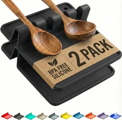 Miniatura 20 de Soporte de cuchara de silicona naranja para estufa con almohadilla de goteo (paquete de dos) – Resistente al calor sin BPA y soporte para cuchara
