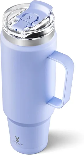 Miniatura 24 de Meoky - Vaso de 32 onzas con asa, taza de viaje de acero inoxidable con pajilla y tapa 2 en 1, taza de café con aislamiento al vacío, 100% a prueba