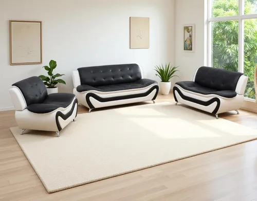 Miniatura 23 de Juego de sofá de cuero (3 piezas, cuero negro B), muebles de sala de estar para apartamento, material de estilo minimalista, fácil montaje B-cuero