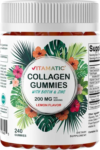 Vitamatic Gomitas de colágeno hidrolizado con vitamina C, zinc y biotina, 200 mg - Apoyo para la piel saludable - 240 gomitas