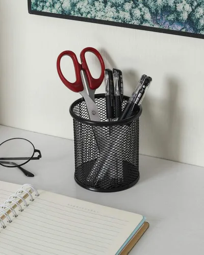 Miniatura 5 de EasyPAG Portalápices para escritorio, paquete de 2 organizadores de bolígrafos de metal, organizador de vasos de malla para el hogar, oficina, aula