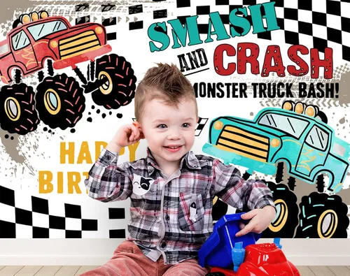 Miniatura 3 de Ticuenicoa Grave Digger - Fondo de cumpleaños de Monster Truck – Fondo de cabina de fotos con diseño de llama de 5 x 3 pies para niños, decoración