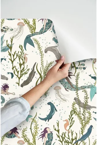 Miniatura 3 de Papel tapiz para despegar y pegar, diseño de sirenas nutrias, blanco, verde, azul, mar, océano, fondo de pantalla extraíble personalizado Spoonflower