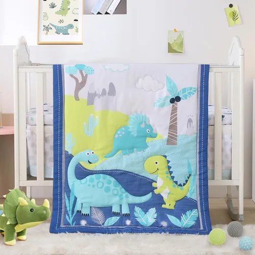 Juego de cama de cuna de dinosaurio mini para niños azul de 3 piezas Premium, juego de sábanas para bebé, juego de cuna de dinosaurios para