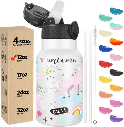 Miniatura 55 de Han's Bottle - Botella de agua para niños con tapa con pajilla - Vaso reutilizable de acero inoxidable aislado para niñas, niños, taza termo, 17
