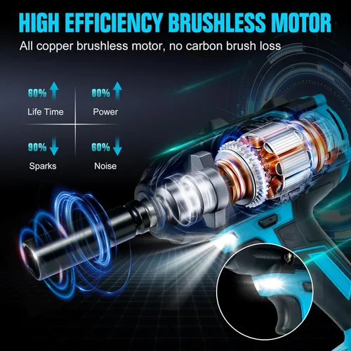 Miniatura 3 de Llave de impacto inalámbrica 1000N.m de 1/2 pulgada, pistola de alto par de 4800 RPM con 2 baterías de 4.0 Ah, llave eléctrica sin escobillas