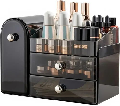 Bird&Fish Organizador de maquillaje con soporte deslizante para cepillos, organizador transparente para el cuidado de la piel con cajones, Negro