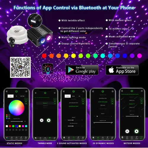 Miniatura 2 de AKEPO Luces de fibra óptica 2 en 1 centelleo+meteoro de 18 W, puertos de doble color con 1300 piezas+240 piezas de fibras meteor en 0.03 pulgadas