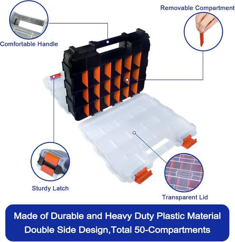 Miniatura 2 de Caja organizadora de herramientas, caja de almacenamiento de piezas pequeñas, 50 compartimentos, organizadores de hardware de doble cara con Naranja