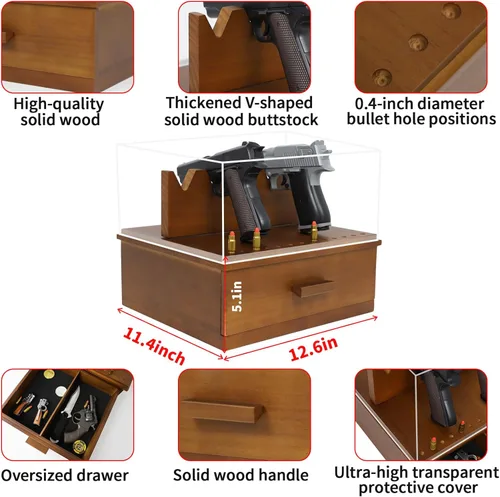 Miniatura 2 de Soporte para pistola de pistola, caja de exhibición de madera para 5 ranuras para pistola de bala, 11 agujeros para pistola de bala, organizador