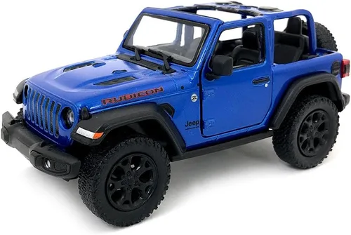 KiNSMART - Vehículo de juguete de réplica de Jeep Wrangler Rubicon todoterreno 4x4 de 12,7 cm de largo a escala 1:34 (azul con techo abierto)