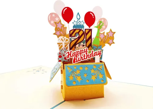 Miniatura 2 de iGifts And Cards Tarjeta desplegable 3D de cumpleaños 21 – Caja de fiesta azul de moda sorpresa con globos, regalos y vibraciones de alegría