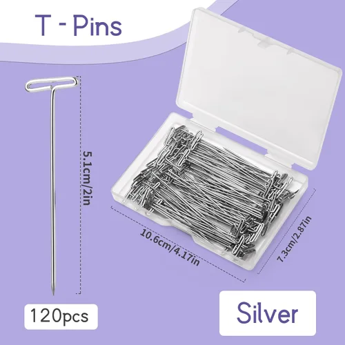 Miniatura 2 de 120 pines en T de 2 pulgadas, alfileres para peluca para cabeza de espuma con caja transparente de plástico, pasadores en T de costura para bloquear