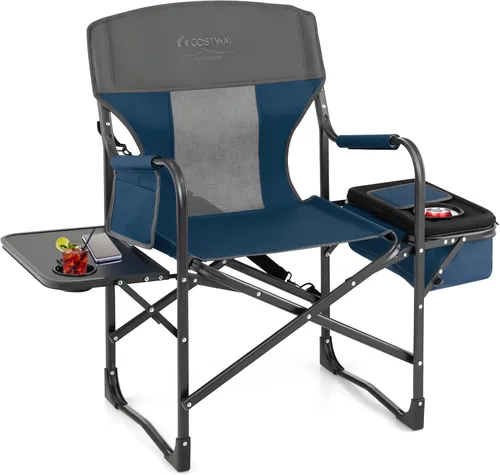 Miniatura 12 de COSTWAY Silla de camping plegable, silla de director de alta resistencia soporta 400 libras para adultos con mesa auxiliar, bolsa refrigeradora