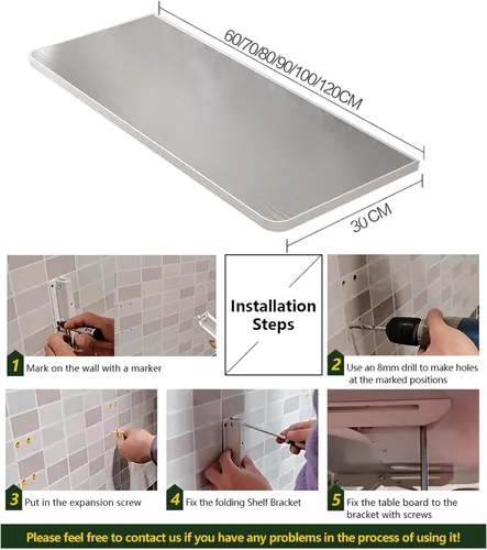 Miniatura 3 de XLTFUC Mesa plegable de pared, mesa de comedor de acero inoxidable 304, escritorio de pared opcional, de varios tamaños, adecuado para estudio