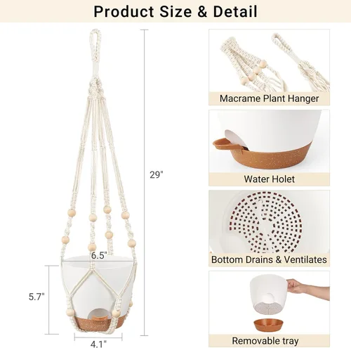 Miniatura 2 de Mkono Macetas colgantes de 6.5 pulgadas, colgadores de macramé con macetas de riego automático para interiores, juego de 2 cestas colgantes