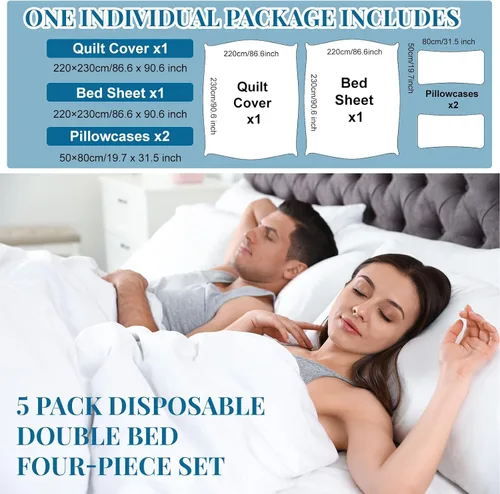 Miniatura 3 de Preboun Juego de 5 sábanas desechables para hotel, incluye sábanas de cama, fundas de almohada, funda de almohada, funda blanca suave y portátil