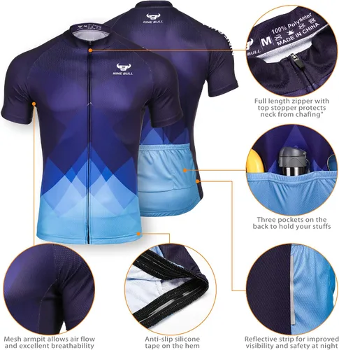 Miniatura 4 de nine bull Camiseta de ciclismo para hombre, manga corta, con 3 bolsillos traseros, absorbe la humedad, transpirable, de secado rápido