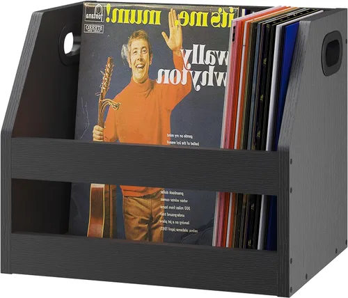 YMYNY Soporte para almacenamiento de discos, caja de vinilo con asa, estante de libros, organizador de escritorio trapezoidal LP para carpetas, Negro