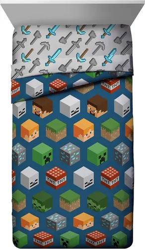Jay Franco - Edredón para niños, suave y acogedor para una decoración de habitación con estilo, producto oficial con licencia, azul - Minecraft,