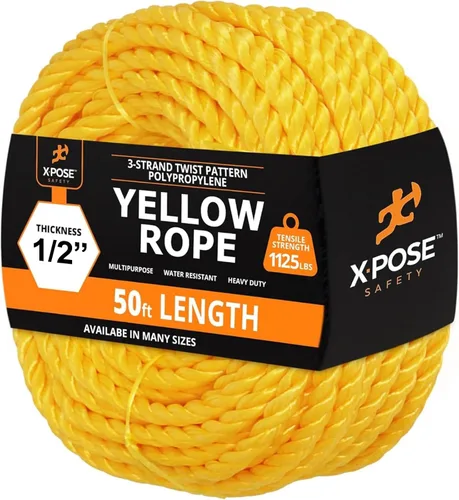 Cuerda de polipropileno trenzado amarilla, 1/2 pulgada de grosor x 50 pies de largo, cuerdas de polietileno resistentes para uso en exteriores y