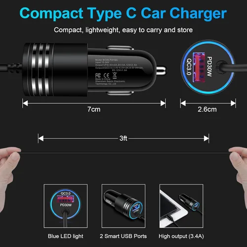 Miniatura 5 de Cargador de Coche Súper Rápido de 48W USB C Adaptador de Coche Rápido Android con Cable de Carga Rápida Tipo C de 30W Integrado para Samsung Galaxy