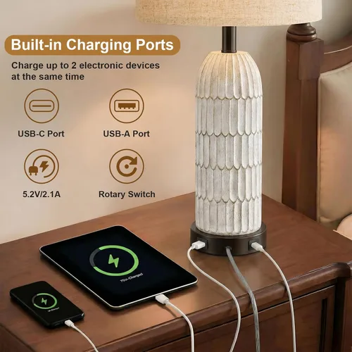 Miniatura 2 de OYEARS Juego de 2 lámparas de mesa de noche de 26.5 pulgadas, lámpara de mesa de granja con puertos de carga USB A+C, lámpara de mesita de noche