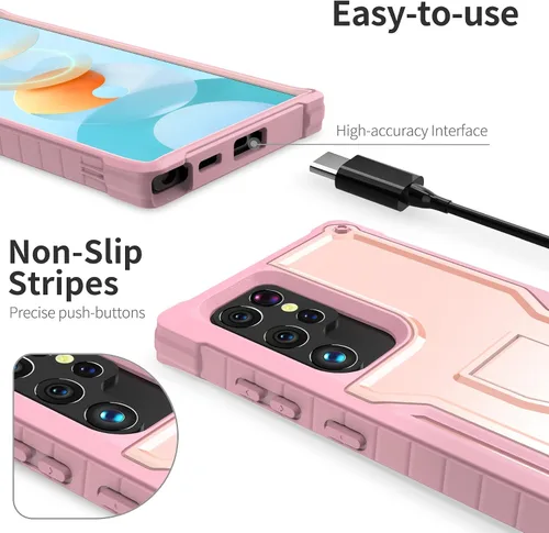 Miniatura 2 de ExoGuard Funda para Samsung Galaxy S22 Ultra, funda de goma resistente a prueba de golpes con soporte incorporado (rosa)