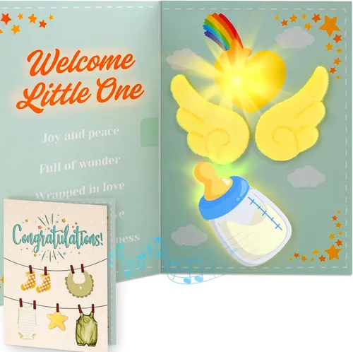 Tarjeta musical de alta calidad para baby shower con luz LED cálida, alas de ángel de felpa 3D, recuerdo de canción de cuna para nuevos padres,