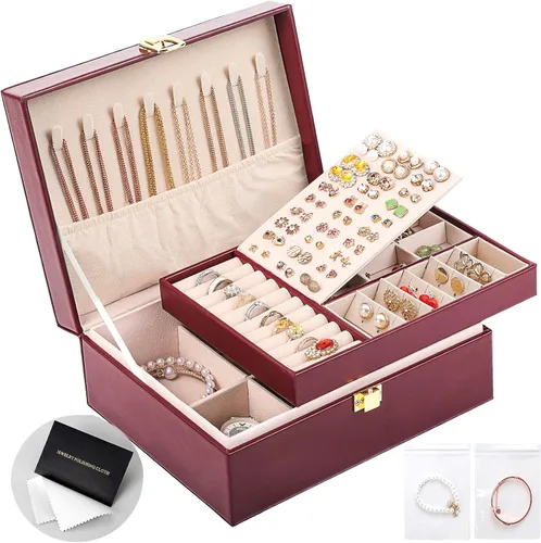 Sanikeon Cajas de joyería para mujeres y niñas, caja organizadora de joyas de piel sintética de 2 capas, caja de almacenamiento de joyas grande,