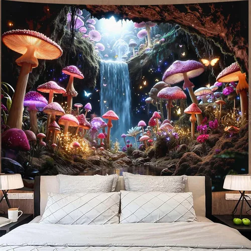 Miniatura 27 de Zussun Tapiz de hongo rojo, tapices de luna y estrella para dormitorio, estética de color beige, noche estrellada, planta verde, tapiz de pared