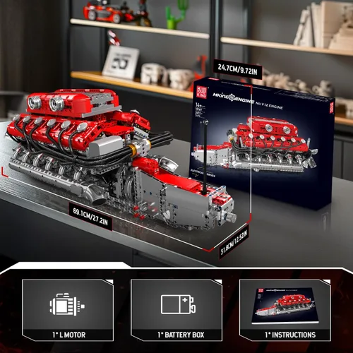 Miniatura 7 de Mould King Kit de modelo de motor V12 que funciona – Juego de bloques de construcción de mini motores motorizados con batería y cambio de marchas