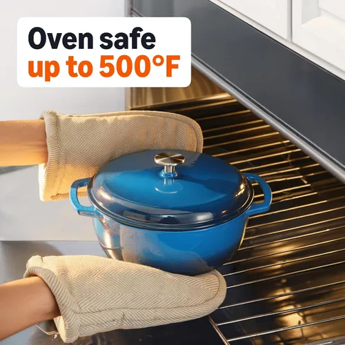 Miniatura 4 de Amazon Basics Olla de horno holandés de hierro fundido con tapa, esmaltada, redonda, doble asa, resistente, pequeña, 4.3 cuartos de galón, azul