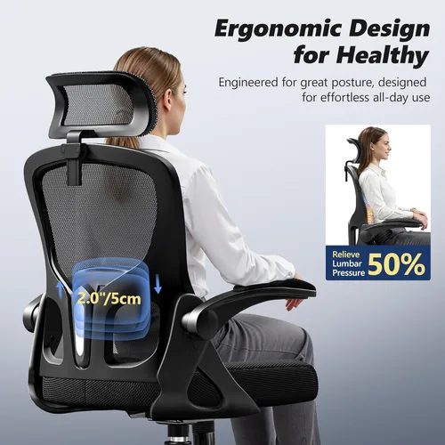Miniatura 3 de Silla de oficina ergonómica, silla de escritorio de respaldo alto con brazos abatibles, silla de computadora de malla de 300 libras con Negro