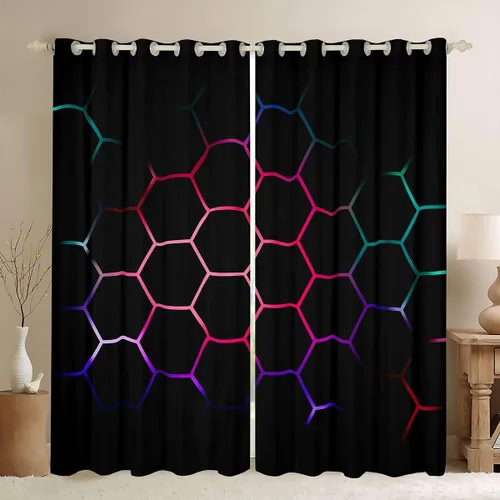 Miniatura 39 de Feelyou - Cortinas de ventana en forma de panal, tema geométrico hexagonal con luces de neón verdes, para chicos adolescentes y hombres, elegante