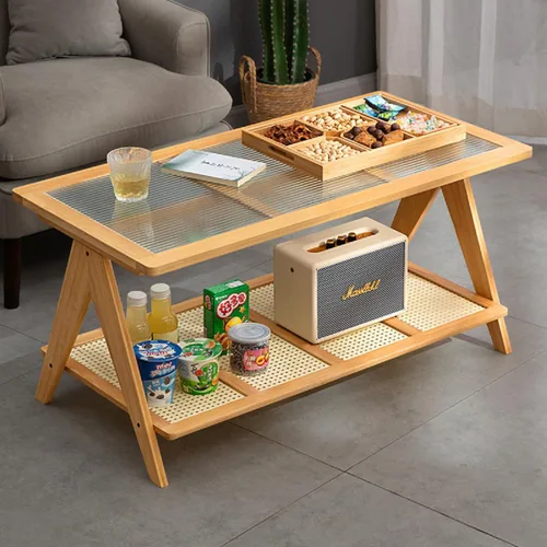 Miniatura 9 de Gdrasuya10 Mesa de centro moderna de bambú para sala de estar, mesa auxiliar rectangular de 2 niveles, mesa central de vidrio, estante